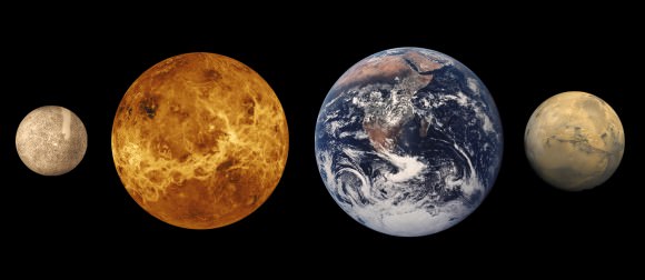 The terrestrial planets of our Solar System at approximately relative sizes. From left, Mercury, Venus, Earth and Mars. Credit: Lunar and Planetary Institute