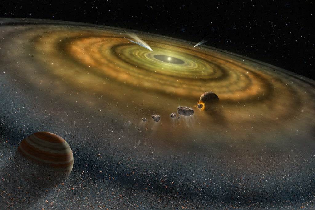 انطباع الفنان عن النظام الشمسي في التكوين.  ربما حدث تكوين الكواكب الخارجية حول نجوم أخرى بشكل مشابه.  مصدر الصورة: ناسا/ فيوز/ لينيت كوك