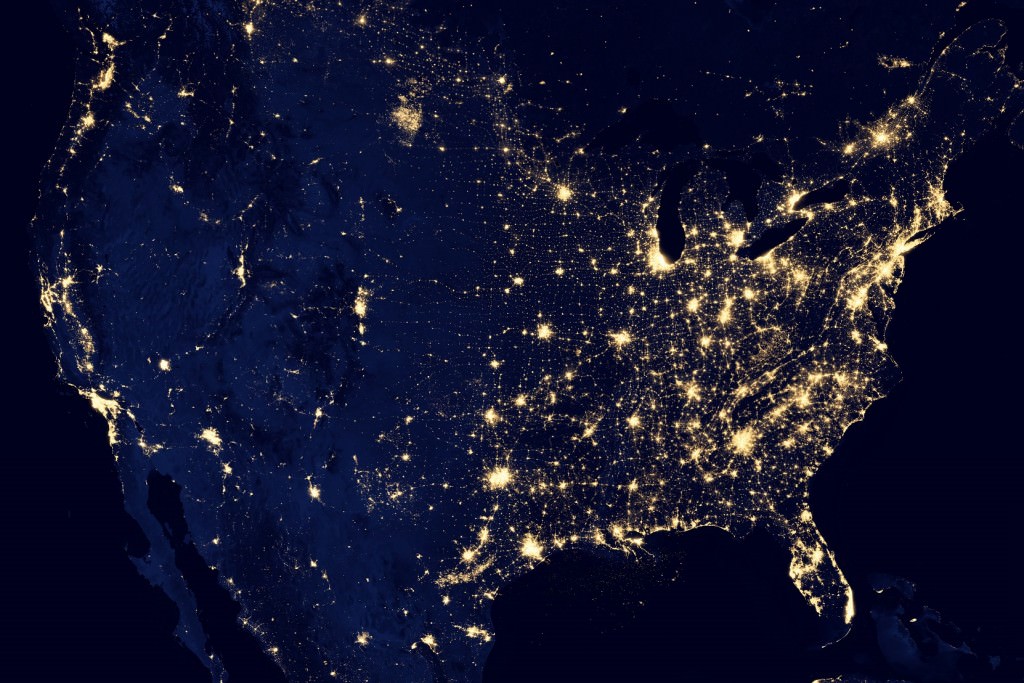 Our cities are becoming larger and more interconnected. How far will that trend go? Lights from the United States glow in this night image based on data taken from the Suomi NPP satellite in April and October 2012. Credit: NASA Earth Observatory/NOAA NGDC