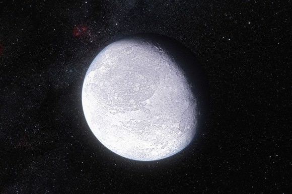 artist's impression shows the distant dwarf planet Eris. New observations have shown that Eris is smaller than previously thought and almost exactly the same size as Pluto. Eris is extremely reflective and its surface is probably covered in frost formed from the frozen remains of its atmosphere. Credit: ESO