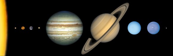 Eight planets and a dwarf planet in our Solar System, approximately to scale. Pluto is a dwarf planet at far right. At far left is the Sun. The planets are, from left, Mercury, Venus, Earth, Mars, Jupiter, Saturn, Uranus and Neptune. Credit: Lunar and Planetary Institute