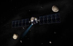 Artist's concept of the Dawn spacecraft with Ceres and Vesta. Credit: JPL