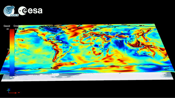 Worldwide gravity gradients from simulations. GOCE is now gathering data such as shown here to map Earth's gravity with unprecedented accuracy and spatial resolution. Credit:  ESA