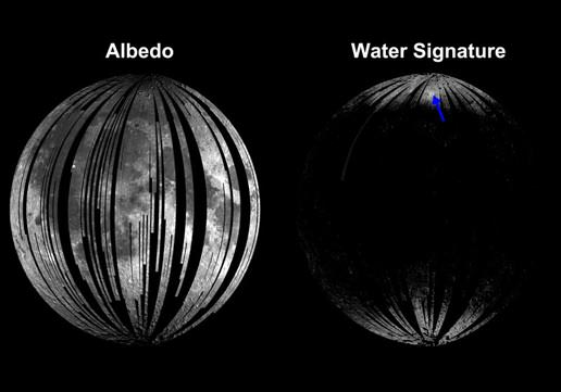 The image on the left shows albedo, or the sunlight reflected from the surface of the moon. The image on the right shows where infrared light is absorbed in the characteristic manner that indicates the presence of water and hydroxyl molecules. That image shows that signature most strongly at the cool, high latitudes near the poles. The blue arrow indicates Goldschmidt crater, a large feldspar-rich region with a higher water and hydroxyl signature.  Image credit: ISRO/NASA/JPL-Caltech/Brown Univ. 