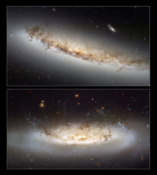 This composite shows the two ram pressure stripping galaxies NGC 4522 and NGC 4402.  Credit: NASA & ESA