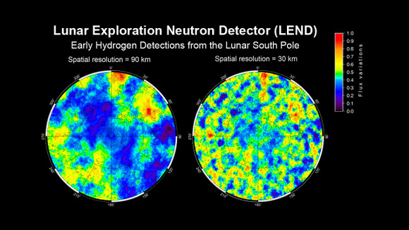 This image shows neutron flux detections around the lunar south pole from LEND. Credit: NASA/Institute for Space Research (Moscow)