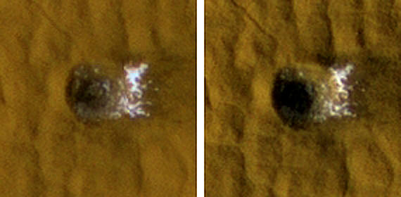 Earlier and later HiRISE images of a fresh meteorite crater 12 meters, or 40 feet, across located within Arcadia Planitia on Mars show how water ice excavated at the crater faded with time. The images, each 35 meters, or 115 feet across, were taken in November 2008 and January 2009.  Credit: NASA/JPL-Caltech/University of Arizona