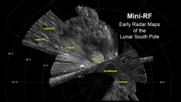 This Mini-RF image shows radar imagery of the lunar south pole. Credit: NASA/APL/LPI