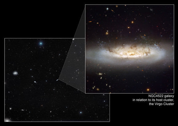 This image shows NGC 4522 within the context of the Virgo Cluster.   Credit: NASA, ESA and the Digitized Sky Survey 2. Acknowledgment: Davide De Martin (ESA/Hubble)