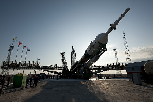 The Soyuz rocket is seen shortly after arrival to the launch pad Monday, Sept. 28, 2009.  Photo Credit: (NASA/Bill Ingalls)