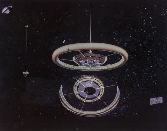 Exterior view of a Stanford torus. Bottom center is the non-rotating primary solar mirror, which reflects sunlight onto the angled ring of secondary mirrors around the hub. Painting by Donald E. Davis