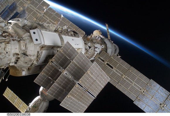 Part of the ISS backdropped by the limb of Earth.  Credit: NASA