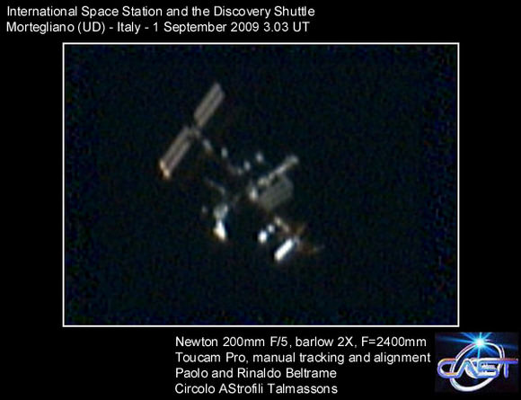 The ISS and shuttle on Sept. 1, 2009 at 3:03 UT. Credit: Paolo Beltrame