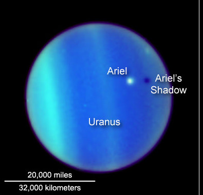 Ariel transits Uranus. Credit: NASA, ESA, L. Sromovsky (University of Wisconsin, Madison), H. Hammel (Space Science Institute), and K. Rages (SETI)