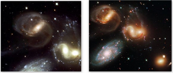 Stephan's Quintet from 2000 (left) and 2009 (right)  Credit:  NASA/ESA Hubble Team