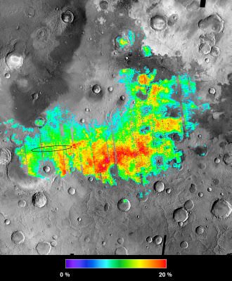 Colors map percentages of hematite in the surface materials in Meridiani Planum on Mars from 5 percent (aqua) to 25 percent (red). Opportunity landed within the black oval.  MER scientists say the rocks there had once been drenched in water.  Credit: NASA