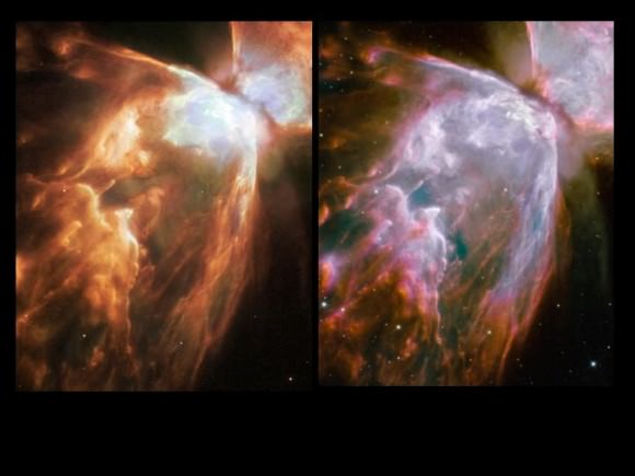 Butterfly Nebula before and after.  Credit: NASA/Hubble team. Collage by Stuart Atkinson