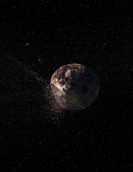 An artist’s conception of an impact event on Pallas. This artwork was created using the three-dimensional shape model published by Britney Schmidt, et al. in Science. Credit: Image courtesy of B. E. Schmidt and S. C. Radcliffe