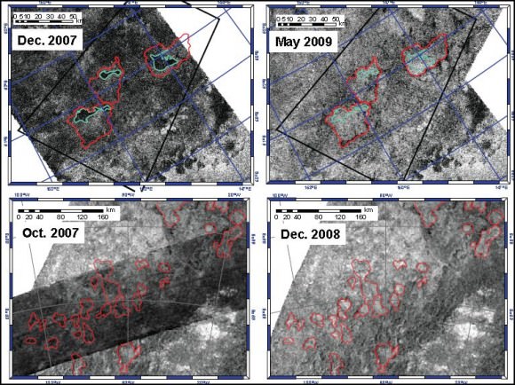 Areas where the Cassini radar has observed transient surface liquid in Titan’s south polar region. The top two images are located near (60S, 210W) and were obtained in December 2007 and May 2009. Empty lake features are outlined in red and filled lakes, observed in the 2007 image, are outlined in cyan. The lake features disappear between observations. The bottom row consists of images near (69S, 90W) obtained in Oct. 2007 and Dec. 2008. Empty lake features observed in Dec. 2008 are outlined in red. The empty lake features in the bottom-left section of the image are dark in Oct. 2007, consistent with liquid-filled lakes. In the Dec. 2008 image the brightness of these features are indistinguishable from the empty lakes in the upper-right section of the image (which are bright in both observations), suggesting surface change.