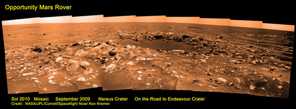 Opportunity mosaic from Sol 2010 showing Nereus Crater and dunes on the Road to Endeavour Crater.  Credit: NASA/JPL/Cornell/Spaceflight Now/Ken Kremer.  Used by permission.  Click image for larger version.