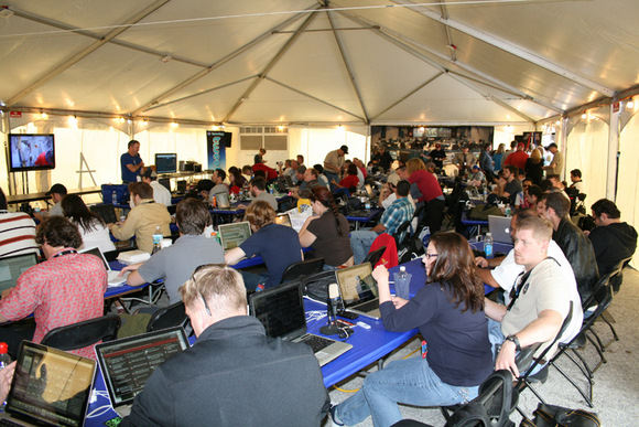 I visited the huge Tweet Up Tent which NASA set up for the first time at the Kennedy Space Center Press center so that ordinary folks from around the world could observe a shuttle launch and share it globally straight away as events unfolded.  This reminded me of a high tech command center.  Credit: Ken Kremer    