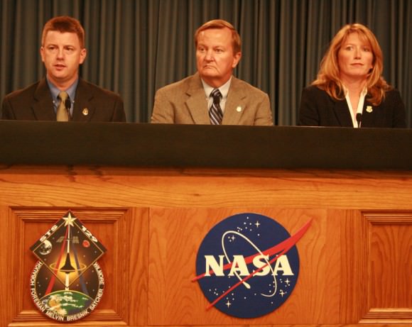 NASA managers unanimously declare Atlantis is “Go” for launch after reviewing all flight and hardware issues according to Mike Moses (left), director of Shuttle integration at a KSC press briefing.  Shuttle Launch director Mike Leinbach (center) said “We are right on the money with the launch countdown. Cryogenics are being loaded into the shuttle fuel cells”.  Weather officer Kathy Winters (right) predicted a 90 percent chance of favorable weather at launch time on November 16.   Credit: Ken Kremer  