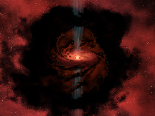 This artist's rendering gives us a glimpse into a cosmic nursery as a star is born from the dark, swirling dust and gas of this cloud. Image credit: NASA/JPL-Caltech 