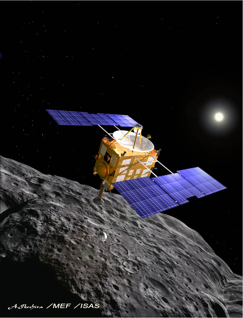 Artist concept of the Hayabusa spacecraft, which visited asteroid Itokawa in 2005 and returned samples to Earth in 2010. Credit: JAXA