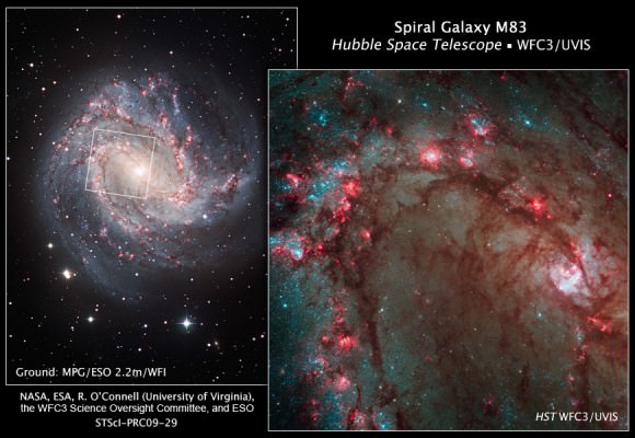 M83 from ESO and Hubble. Credit for Hubble Image: NASA, ESA, R. O'Connell (University of Virginia), B. Whitmore (Space Telescope Science Institute), M. Dopita (Australian National University), and the Wide Field Camera 3 Science Oversight Committee