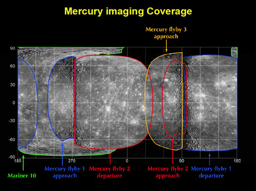 Image coverage map of Mercury after the third MESSENGER flyby. Credit: NASA, Applied Physics Lab