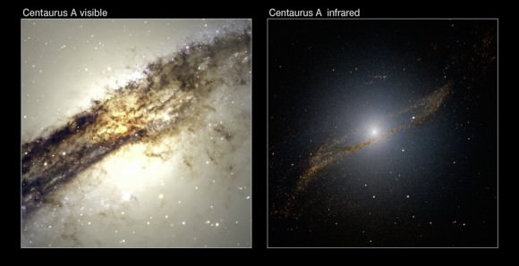 A comparison of Centaurus A in the visible and near-infrared spectra. Image Credit:ESO