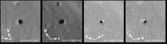 Four different views of the lava tube skylight at varying sun angles. Arrows indicate the direction of incident sunlight (I) and the viewing direction (V). Image credit: JAXA/SELENE