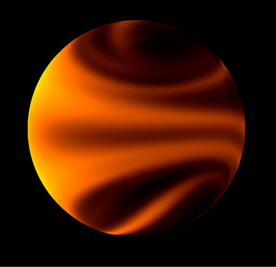 This image from a simulation of atmospheric flow shows temperature patterns on one of the newly discovered planets (61Virb), which is hot enough that it glows with its own thermal emission. A movie of the simulation is posted at the bottom of this story, showing global atmospheric flow for one full orbit of the planet around its star. Credit: J. Langton, Principia College. 