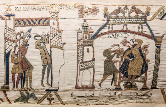 The Bayeux Tapestry, showing the appearance of Halley's Comet in the sky prior to William the Conqueror's invasion of England. Credit: Wikipedia Commons/Myrabella