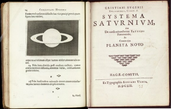 Huygens Systema Saturna, with the introductory page (right) and his illustration of Saturn's rings (left)