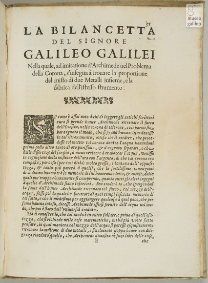 Galileo's La Billancetta, waarin hij een methode beschrijft voor hydrostatisch balanceren. Credit: Museo Galileo