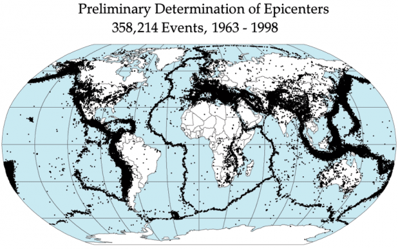 Global earthquake epicenters, 1963–1998. Credit: NASA/DTAM