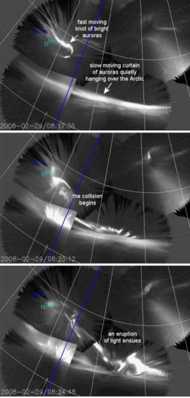 This three frame animation of THEMIS/ASI images shows auroras colliding on Feb. 29, 2008.  Credit: Toshi Nishimura/UCLA