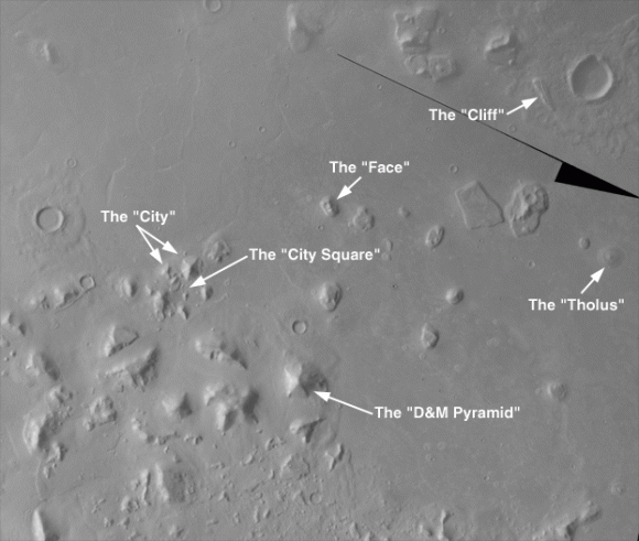 Mosaic created from images taken by the Viking orbiter, showing landforms in Cydonia with popular, informal names. Credit: NASA/JPL