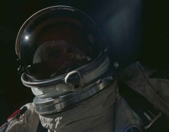 Photograph of Major Edwin E. Aldrins helmet taken during the Gemini XII mission during orbit no. 14 on November 12,1966. Credit: NASA