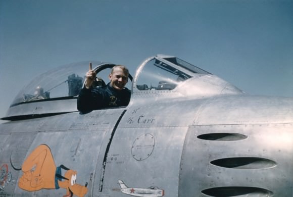 F-86 Sabre Pilot Lieutenant Buzz Aldrin of 16th FS, 51st FW, Korea, 1953. Credit: openroadmedia.kinja.com