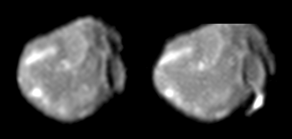  Amalthea, as photographed by the Galileo spacecraft. The left photograph is from August 12, 1999 at a range of 446,000 kilometers. The right photo is from November 26, 1999 at a range of 374,000. Credit: NASA/JPL
