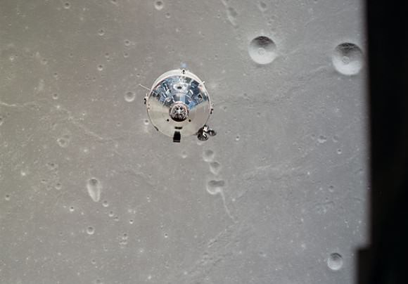 The Apollo 11 Command and Service Modules (CSM) are photographed from the Lunar Module (LM) in lunar orbit during the Apollo 11 lunar landing mission. Credit: NASA
