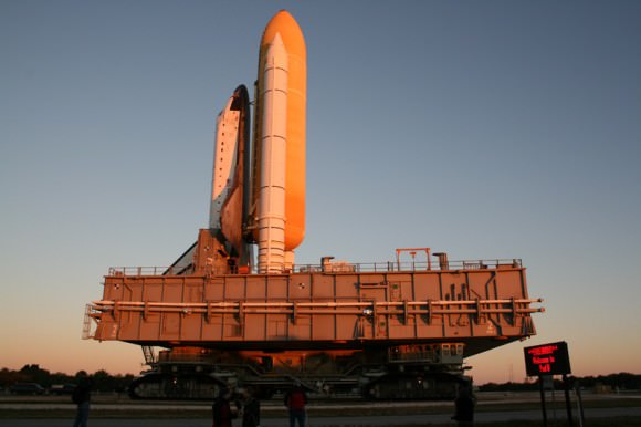 Rollout of Endeavour  atop mobile launch platform, side view. Credit: Ken Kremer