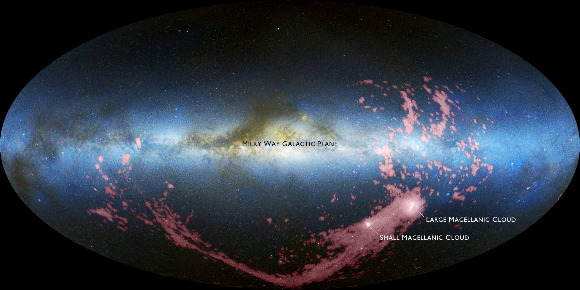 The Magellanic Stream trails behind the Small and Large Magellanic Clouds - visible below the Milky Way's galactic disk to the right. Ahead of the Clouds is another structure called the Leading Arm. This is a false colour image - the Stream, Arm and Magellanic Bridge between the two Clouds are only visible in radio light. Image Credit: NRAO