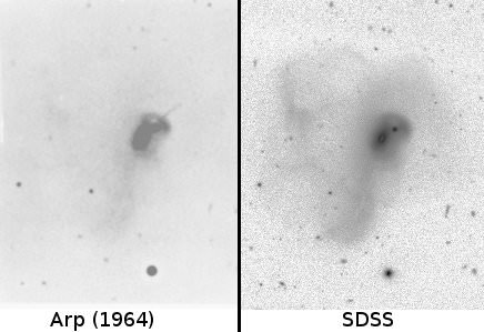 Arp 192 from his publication (left) compared to SDSS image (right). Prominent jet in upper right is present in Arp's image is missing from modern images.