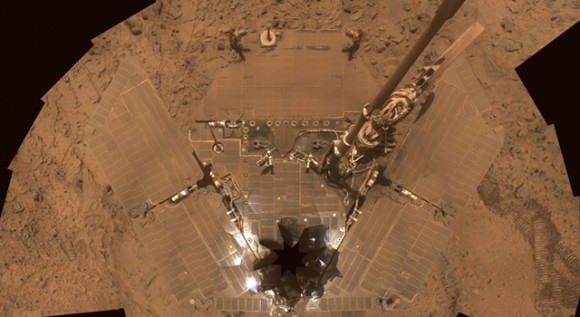 The Spirit rover's solar panels were covered with dust until a gust of wind blew it off in 2006.  Credit: NASA.