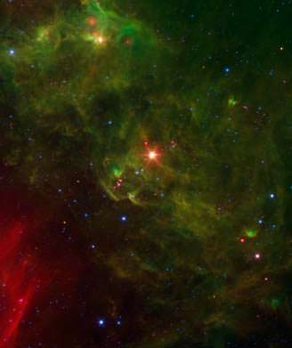 A false-color infrared image of the star forming complex in Vela. Two new studies have measured for the first time the dust emission at very long infrared wavelengths, and found a set of young stars that are accreting material and flaring. Credit: NASA and the Spitzer Space Telescope