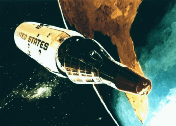 A 1967 conceptual drawing of the Gemini B reentry capsule separating from the MOL at the end of a mission. Credit: NASA