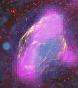 Fermi mapped GeV-gamma-ray emission regions (magenta) in the W44 supernova remnant. The features clearly align with filaments detectable in other wavelengths. This composite merges X-ray data (blue) from the Germany/U.S./UK ROSAT mission, infrared (red) from NASA’s Spitzer Space Telescope, and radio (orange) from the Very Large Array near Socorro, N.M. Credit: NASA/DOE/Fermi LAT Collaboration, NASA/ROSAT, NASA/JPL-Caltech, and NRAO/AUI